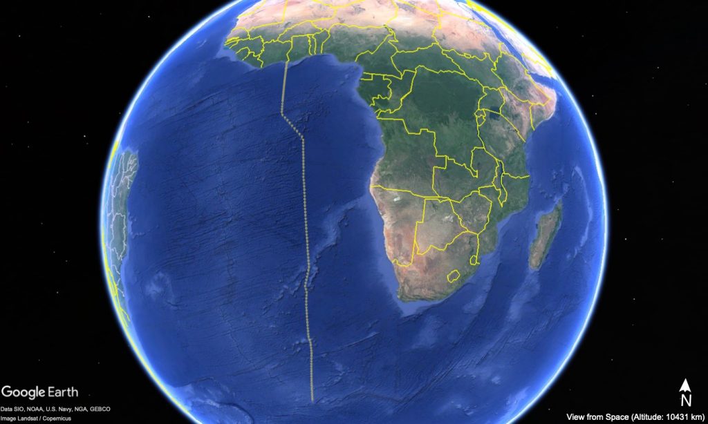 A Google Earth image of the A13.5 transit line, extending south from the coast of Ghana, Africa.