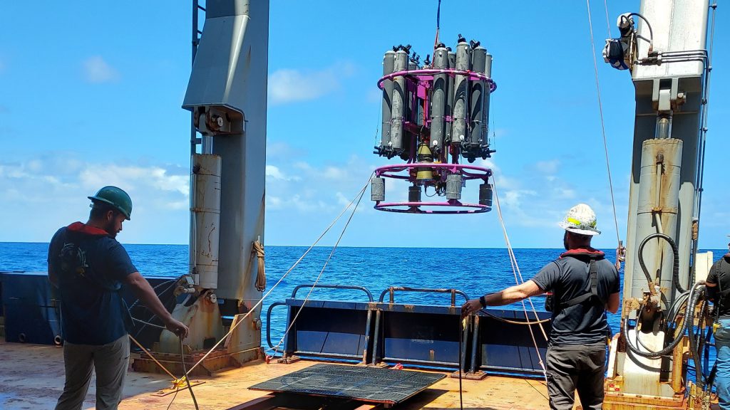 Scientists at AOML Ian Smith (left) and Jay Hooper (right) 
deploy the CTD with a series of Niskin bottles (gray). 
