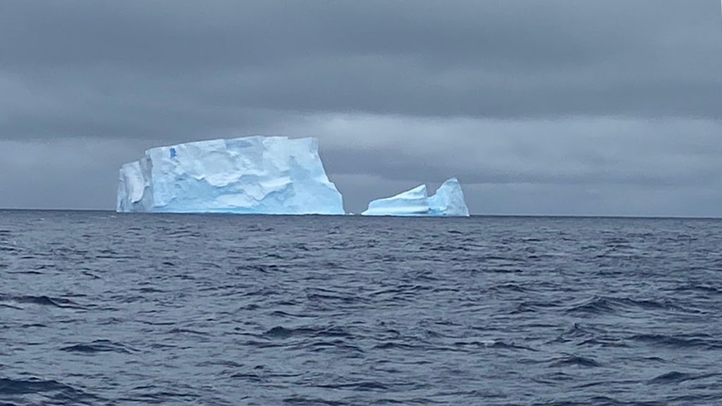 A large iceberg with a smaller iceberg nearby float in the open ocean under cloudy, gray skies.