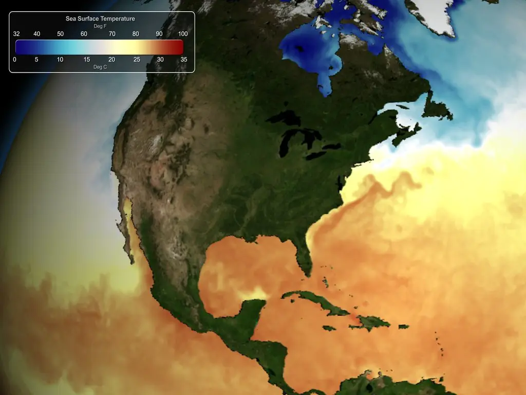 Satellite visualization of water temperature in North America.