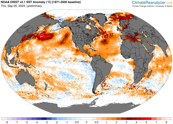 Global ocean map showing sea surface temperature anomaly